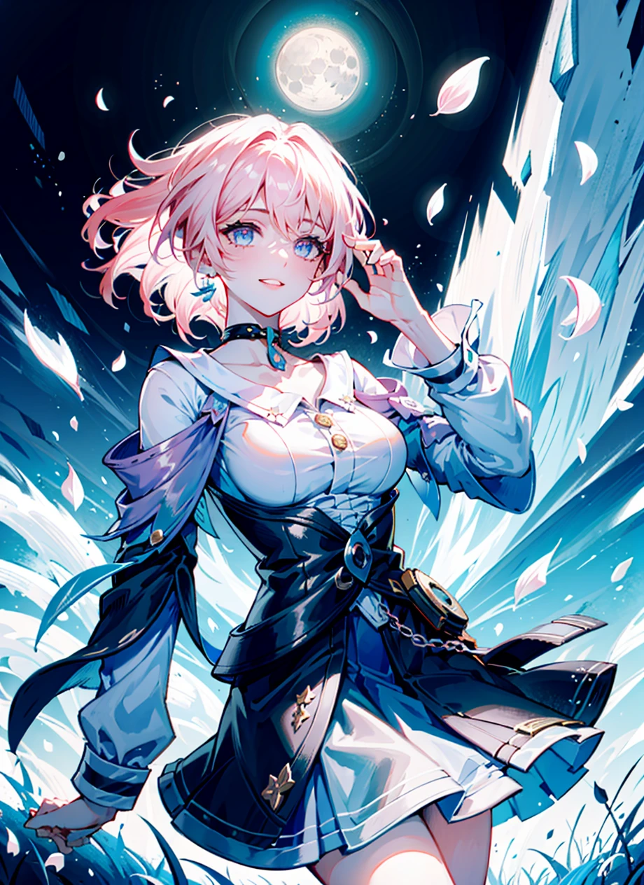 march 7th \(honkai: star rail\), 1girl, blue eyes, blue skirt, breasts, detached sleeves, earrings, ice, jewelry, long sleeves, medium breasts, medium hair, pink hair, shirt, skirt, solo, star \(symbol\), star earrings, white shirt <lora:march_7th__honkai _star_rail__offset:0.9>
masterpiece, best quality, 1girl, (colorful),(finely detailed beautiful eyes and detailed face),cinematic lighting,bust shot,extremely detailed CG unity 8k wallpaper,white hair,solo,smile,intricate skirt,((flying petal)),(Flowery meadow) sky, cloudy_sky, building, moonlight, moon, night, (dark theme:1.3), light, fantasy,