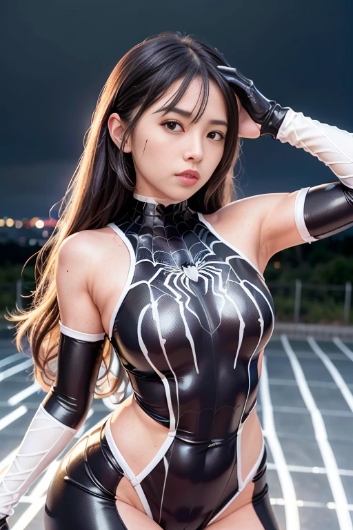 <lora:betterCuteAsian03:0.3>, (wearing spiderwoman_cosplay_outfit:1.1), in front of a sky, (black and white outfit:1.3),
good hand,4k, high-res, masterpiece, best quality, head:1.3,((Hasselblad photography)), finely detailed skin, sharp focus, (cinematic lighting), night, soft lighting, dynamic angle, [:(detailed face:1.2):0.2], medium breasts, outside, <lora:spiderwoman_cosplay_outfit:0.4>