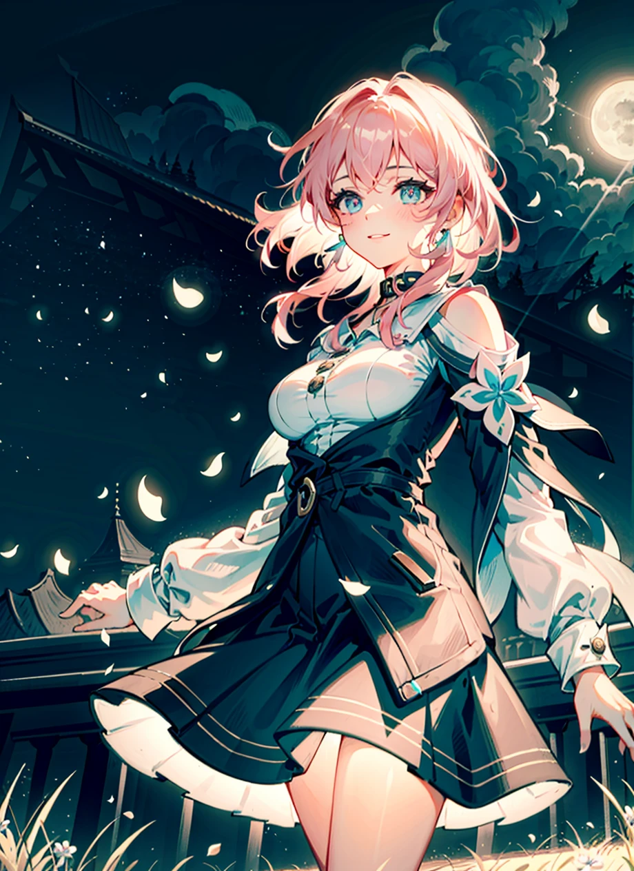 march 7th \(honkai: star rail\), 1girl, blue eyes, blue skirt, breasts, detached sleeves, earrings, ice, jewelry, long sleeves, medium breasts, medium hair, pink hair, shirt, skirt, solo, star \(symbol\), star earrings, white shirt <lora:march_7th__honkai _star_rail__offset:0.9>
masterpiece, best quality, 1girl, (colorful),(finely detailed beautiful eyes and detailed face),cinematic lighting,bust shot,extremely detailed CG unity 8k wallpaper,white hair,solo,smile,intricate skirt,((flying petal)),(Flowery meadow) sky, cloudy_sky, building, moonlight, moon, night, (dark theme:1.3), light, fantasy,