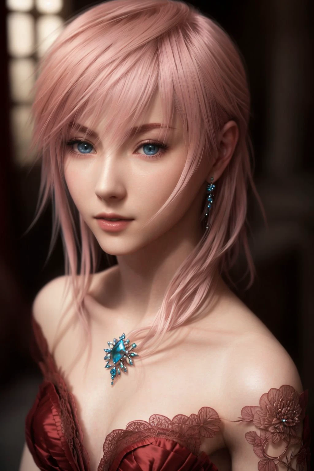 <lora:LightningFF:0.67>, masterpiece, highest quality, RAW, analog style, A stunning half body portrait of a beautiful woman, pink hair, pale skin, vibrant blue eyes, wearing elegant red dress, dark lighting, focused expression, (highly detailed skin, skin details), sharp focus, 8k UHD, DSLR, high quality, film grain, Fujifilm XT3, intricate details, highly detailed, cluttered and detailed background