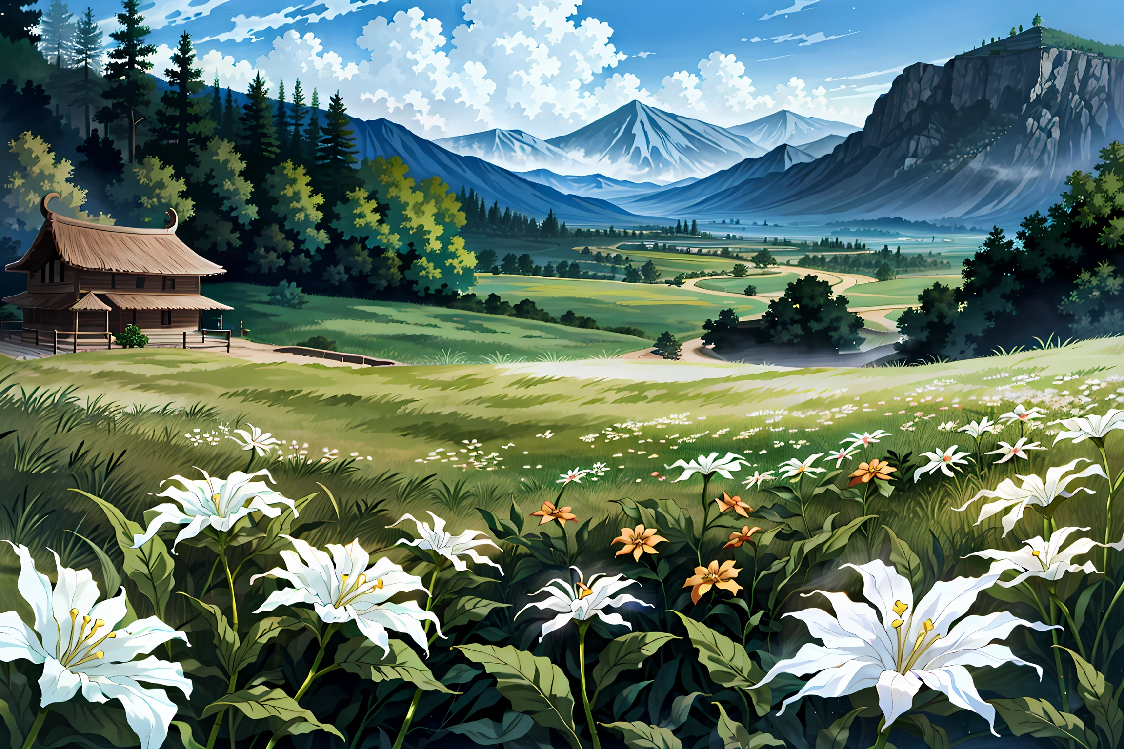 (Masterpiece, Best Quality:1.2), highres, official art, Ninjascroll, (Traditional media), manga,(ultra-detailed landscape), ((8k resolution wallpaper)), fantasy setting, (full angle view:1.2), (no humans:1.3), (anime screen:1.1), cinemascope aspect ratio, HDR, bloom:0.7 bokeh:0.3, (night sky, night, dark:1.3), (perfect shadows), fantasy, (gradients), floating particles, gorgeous, dynamic, [extremely detailed background], (textured), (patterned), nature, (scenery), paradise, field, multi-colored (flowers), tree, sky, grass, valley, cliff, east asian architecture, building, [wood], cinematic lighting:1.1, film grain:0.6, ( Fujifilm XT3 ), water, inverted reflection, wind, (atmosphere), rolling fog, bamboo forest in distance, outdoors, (ancient ruins), gorgeous mountainous horizon, darkness, volumetric lighting, 85mm, (shallow depth of field), intricate, (details:1.2), perfect composition:1.1,  <lora:NinjaScroll-10:0.8>,  <lora:epiNoiseoffset_v2:0.4>