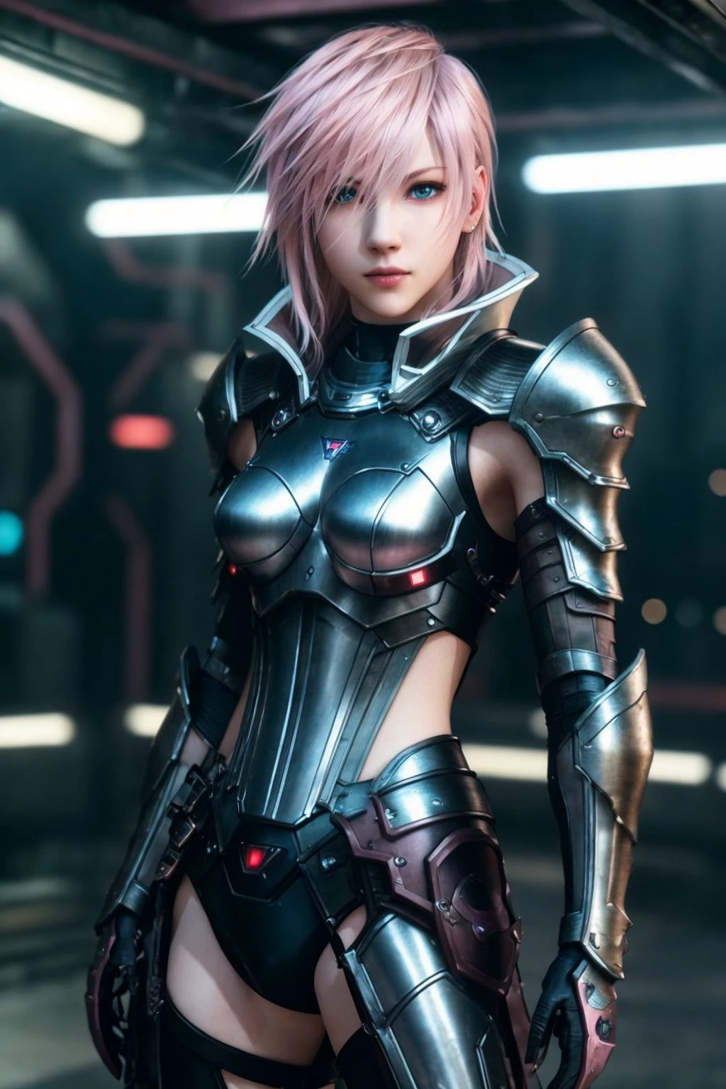 <lora:LightningFF:0.67>, masterpiece, highest quality, RAW, analog style, A stunning full body portrait of a beautiful woman, pink hair, pale skin, vibrant blue eyes, wearing steel armor, cyberpunk, neon lights, dark lighting, focused expression, (highly detailed skin, skin details), sharp focus, 8k UHD, DSLR, high quality, film grain, Fujifilm XT3, intricate details, highly detailed, cluttered and detailed background