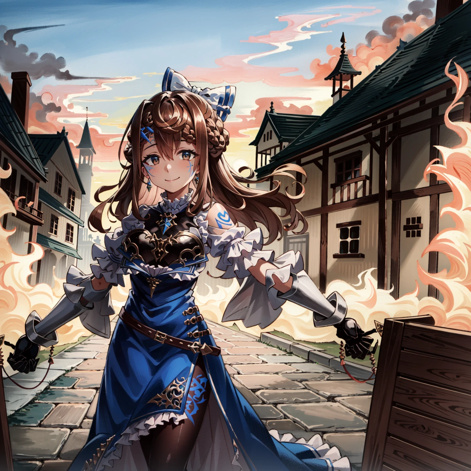 (best quality, masterpiece, highres:1.4),  an illustration of a girl standing, her arms are outstretched,  empty hands, she is standing happily before a burning city, full body, facial mark, facial tattoo, she has a facial mark of glowing blue lines in a jagged grid-like pattern, magic lines on face and body, 
1girl, brown hair, brown eyes, (gauntlets), pantyhose, solo, armor, blue dress, looking at viewer, dress, bow, frills, hair bow, hair between eyes,  puffy sleeves, short sleeves, black pantyhose, breasts, long hair, , white bow,  braid, bangs, armored dress,  frilled dress, puffy short sleeves, medium breasts, breastplate, medium hair,  brown pantyhose, belt, brooch, ribbon, jewelry,  frilled sleeves, hair ornament, skirt, shoulder armor, white shirt, pelvic curtain,  shirt,  gem,  blue bow,   short hair, hair ribbon, (tareme), petticoat,   french braid, juliet sleeves, fantasy, medieval, 
   <lora:MaishaLocon:1>, castle town in background, (detailed eyes, rendered eyes, piercing eyes, vibrant eyes), ((brown eyes:1.2)), glowing eyes, nose, gloves, smug, smile, closed mouth, sinister, evil, villain, a city on fire in the background, fire, flames, smoke, city in background, outdoors, torn clothes, medieval town, outstretched arms, outstretched hands,