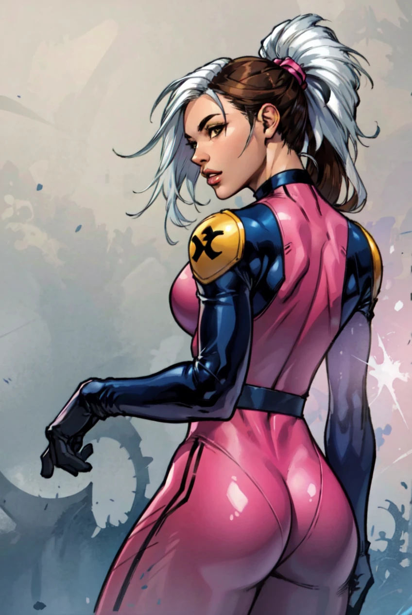 masterpiece, best quality, 1girl, solo, bodysuit, long hair, two tone hair, white hair, ponytail, ass, brown hair, lips, looking back, pink bodysuit