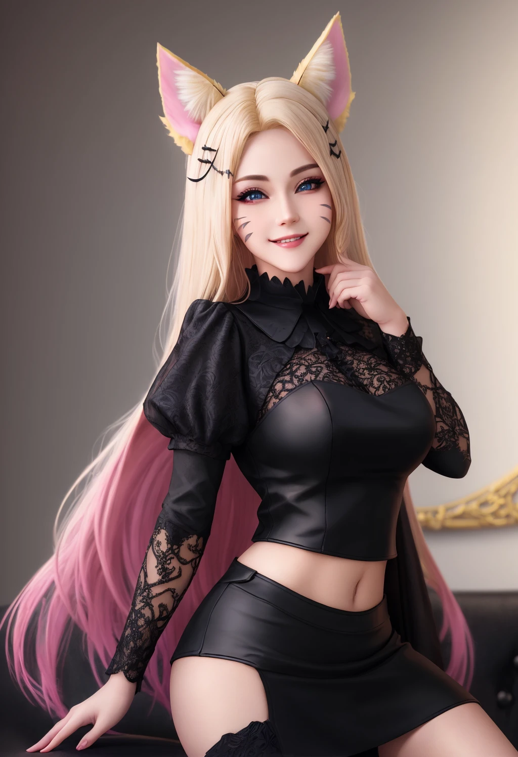 Masterpiece, absurdres, fine detail, HDR, highly detailed face and eyes, photorealistic, smiling, Abad, a blonde woman in a black outfit posing for a picture , wearing Abad, Abad_face tattoo, animal ears,  <lora:Abad:0.7>