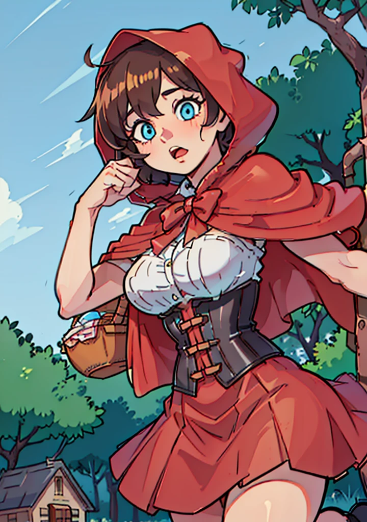 (RedHoodWaifu:1), 1girl, cute, (messy hair, brown hair, short hair), (red hood, cape, corset, dress, red skirt), basket, cute pose, big eyes, blue eyes,
(realistic:1.2), (realism), (masterpiece:1.2), (best quality), (ultra detailed), (8k, 4k, intricate),(full-body-shot:1),(Cowboy-shot:1.2), (85mm),light particles, lighting, (highly detailed:1.2),(detailed face:1.2), (gradients), sfw, colorful,(detailed eyes:1.2),
(detailed ladscape, forest, vegetation, house:1.2),(detailed background),detailed landscape, (dynamic angle:1.2), (dynamic pose:1.2), (rule of third_composition:1.3), (Line of action:1.2), wide shot, daylight, solo,
<lora:LittleRedHood_character-20:0.7> <lora:tfmToonworldLora_v10:0.7>