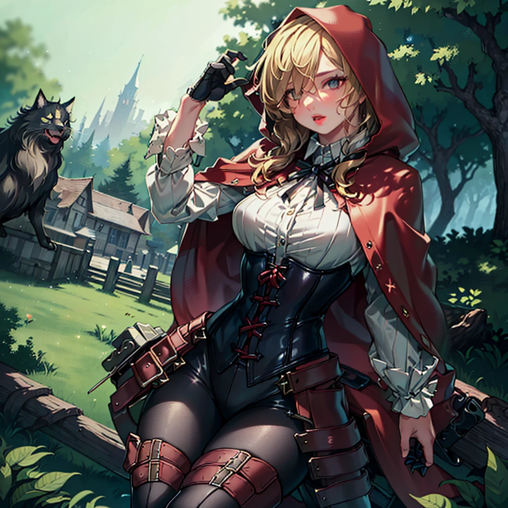 (RedHoodWaifu:1), 1girl, cute, (messy hair, blonde, long hair), (red hood, cape, corset, dress), cute pose,
(realistic:1.2), (realism), (masterpiece:1.2), (best quality), (ultra detailed), (8k, 4k, intricate),(full-body-shot:1),(Cowboy-shot:1.2), (85mm),light particles, lighting, (highly detailed:1.2),(detailed face:1.2), (gradients), sfw, colorful,(detailed eyes:1.2),
(detailed ladscape, forest, vegetation, house:1.2),(detailed background),detailed landscape, (dynamic angle:1.2), (dynamic pose:1.2), (rule of third_composition:1.3), (Line of action:1.2), wide shot, daylight, solo,
<lora:LittleRedHood_character-20:0.8>