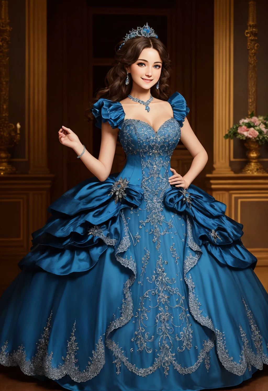 Masterpiece, absurdres, fine detail, HDR, highly detailed face and eyes, photorealistic, smiling, excited, ballgown, a woman in a blue dress posing for a picture , wearing a ballgown, <lora:ballgown:0.7>