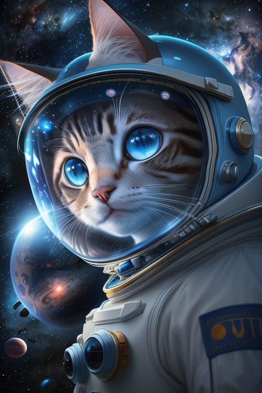 CG rendering of delicate scene, a cat, full character, big blue eyes,wearing astronomy spacesuit and helmet, floating through the blue sky by many planets, eyes focus, extremely detailed, deep details, clear details, ultra-wide shot, best quality, highres, <lora:FairyTaleV1s_SD1.5:0.5>