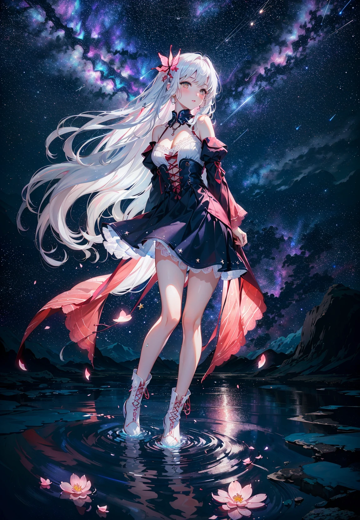 (best quality:1.4),(hiten1:0.49),(light:1.543),(full body:1.23),(Leaning forward slightly:1.183),(from below),(wind blows:1.421),(blue, red, pink, flower clusters: 1.6532),(looking at viewer)
Deep view,(lights:1.1), (blue, red, pink, flower clusters: 1.6532),(Petals floating on the water:1.212),(stone),(starry sky:1.5),(shooting stars:1.5),(galaxy:1.543)
(one girl:1.54), (standing in the water:1.642),bare legs,(long long white hair:1.34),(ends of the hair turn blue:1.06),(small:1.12),(white eyes:1.21),(arms behind back:1.425),(blush:1.1),(thigh:1.1),(thigh lace-up:1.3),butterfly,butterfly hair ornament,(thighs:1.08),(cleavage:1.24),necklace,(sapphire decoration),(Wide sleeves),