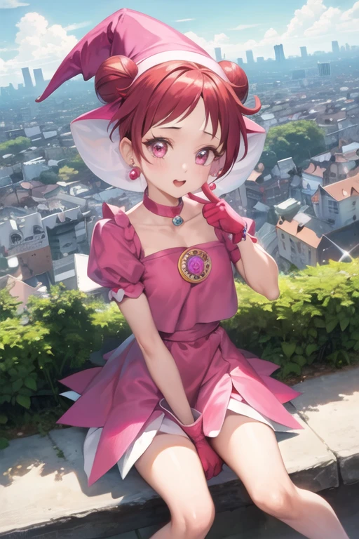 1girl, hrkzdrm_mgc, hair bun, short hair, red hair, pink eyes, witch hat, pink dress, skirt, jewelry, earrings, puffy sleeves, pink gloves, (city:1.5), sitting <lora:harukaze-doremi-magical:0.8>