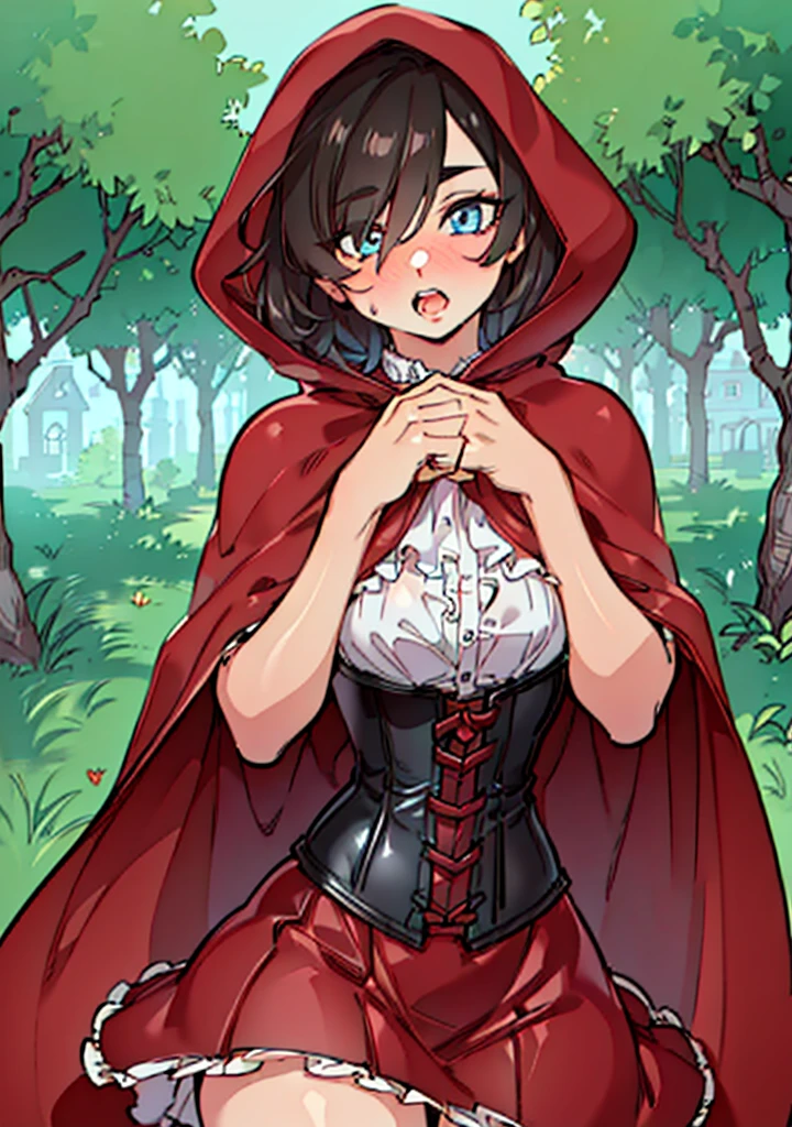 (RedHoodWaifu:1), 1girl, cute, (messy hair, brown hair, short hair), (red hood, cape, corset, dress, red skirt), basket, cute pose, big eyes, blue eyes,
(realistic:1.2), (realism), (masterpiece:1.2), (best quality), (ultra detailed), (8k, 4k, intricate),(full-body-shot:1),(Cowboy-shot:1.2), (85mm),light particles, lighting, (highly detailed:1.2),(detailed face:1.2), (gradients), sfw, colorful,(detailed eyes:1.2),
(detailed ladscape, forest, vegetation, house:1.2),(detailed background),detailed landscape, (dynamic angle:1.2), (dynamic pose:1.2), (rule of third_composition:1.3), (Line of action:1.2), wide shot, daylight, solo,
<lora:LittleRedHood_character-20:0.7> <lora:AgawaRyoV2-000001:0.7>