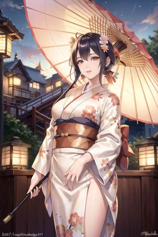 <lora:betterCuteAsian03:0.3>, woman, (wearing kimono_clothes:1.3), holding umbrella, 
good hand,4k, high-res, masterpiece, best quality, head:1.3,((Hasselblad photography)), finely detailed skin, sharp focus, (cinematic lighting), night, soft lighting, dynamic angle, [:(detailed face:1.2):0.2], medium breasts, outside,   <lora:realistic_kimono_clothes:0.5>