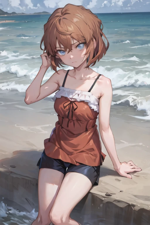 1girl, haibara_ai, short hair, brown hair, bangs, hair between eyes, blue eyes, camisole, bike shorts, frown, beach <lora:haibara:0.75>
