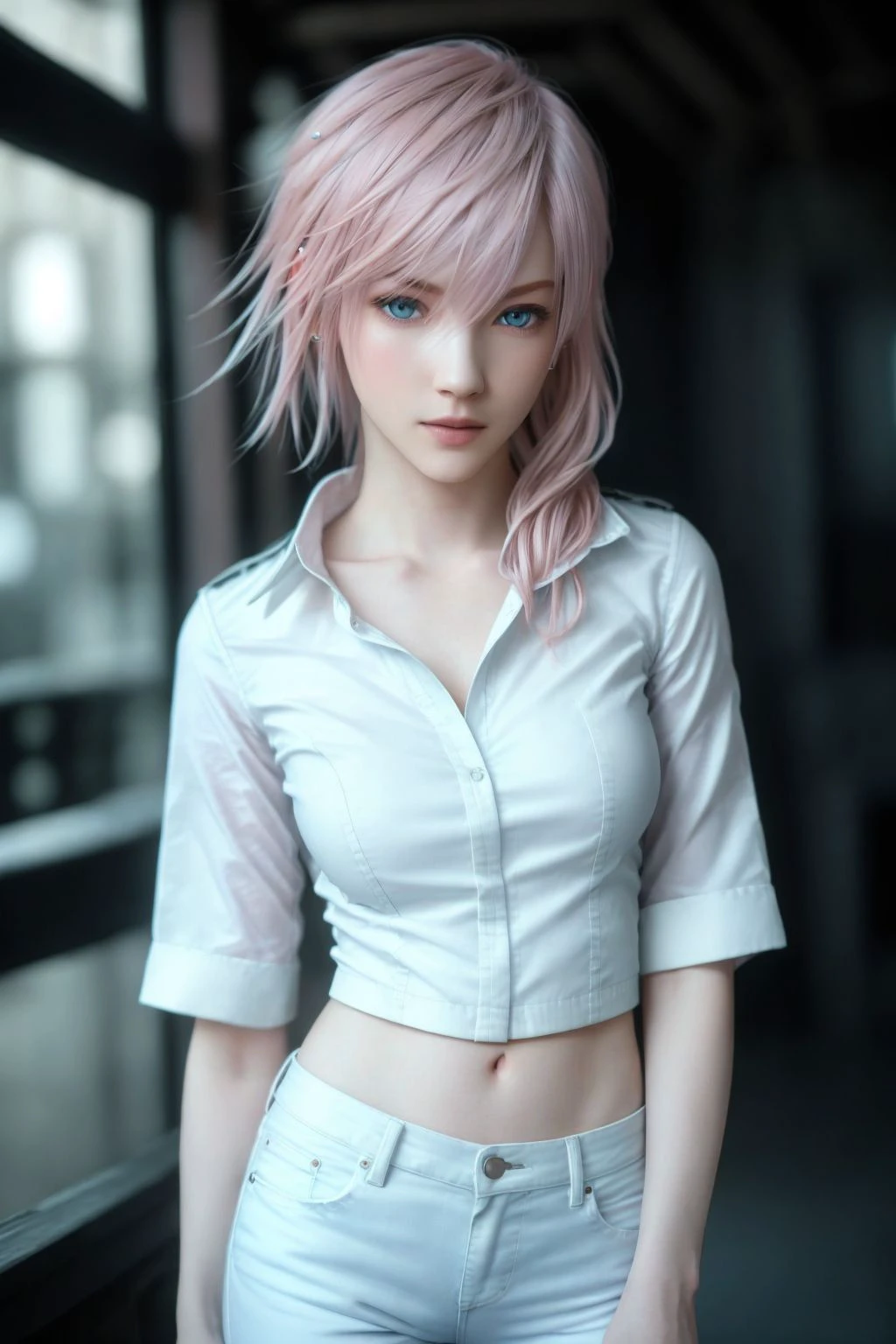 <lora:LightningFF:0.67>, masterpiece, highest quality, RAW, analog style, A stunning full body portrait of a beautiful woman,  pink hair, pale skin, vibrant blue eyes, wearing white top and blue jeans, dark lighting, focused expression, (highly detailed skin, skin details), sharp focus, 8k UHD, DSLR, high quality, film grain, Fujifilm XT3, intricate details, highly detailed, cluttered and detailed background