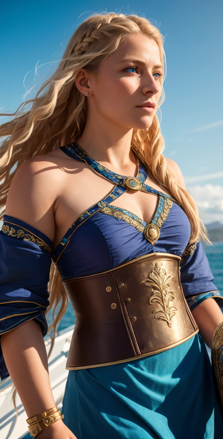 foreground waves masterpiece, best quality, (extremely detailed CG unity 8k), (best quality), (best illustration), (best shadow), realistic lighting RAW photo, uhd, dslr, film grain, Fujifilm XT3, (1girl:1.3) In the rugged world of the Vikings, Freya stood out as a fierce and formidable warrior. With her long blonde hair and piercing blue eyes, she commanded respect and admiration from all who knew her. Armed with a battle-axe and shield, she sailed the seas with her fellow warriors, raiding distant lands and defending her home with unyielding courage and determination. But Freya was not just a skilled fighter - she was also a wise and compassionate leader, who listened to the concerns of her people and made decisions based on what was best for her community. Her strength and resilience were matched only by her kindness and generosity, and her fellow Vikings looked up to her as a role model and inspiration. Freya's legacy reminds us of the power of women to lead and protect, and encourages us to embrace our own inner strength and potential, no matter what challenges we may face, (masterpiece:1.2) (photorealistic:1.2) (bokeh) (best quality) (detailed skin) (intricate) (8k) (HDR) (cinematic lighting) (sharp focus)