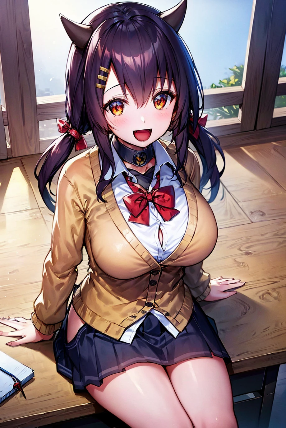 <lora:nagara_v1.0:0.8>,nagara\(azur lane\),\(origen\),school_uniform,1girl,solo,classroom, looking at viewer,:d, from above, sit on the desk, masterpiece, best quality, extremely detailed face, sharp details, high contrast,