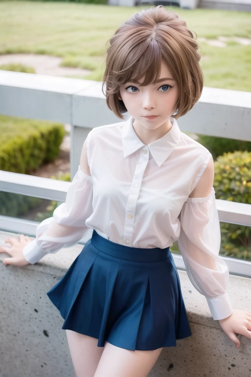 1girl, haibara_ai, short hair, brown hair, bangs, hair between eyes, blue eyes, shirt, short skirt, smile, balcony, (ulzzang-6500:1.0) <lora:haibara:0.75>