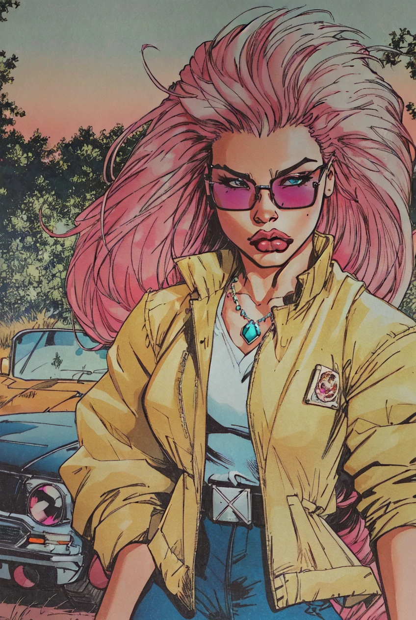 JoeMad, masterpiece, best quality,1girl, solo, pink skin, long hair, tinted eyewear, necklace, 80s aesthetic, Synthwave, motor vehicle, jewelry, ground vehicle, mole, jacket, mole under mouth, sunglasses, pink hair, cowboy shot, pink-tinted eyewear, belt, pants, jacket on shoulders, bangs, white hair, car, shirt, colored skin, pink theme<lora:JoeMad-10:1>
