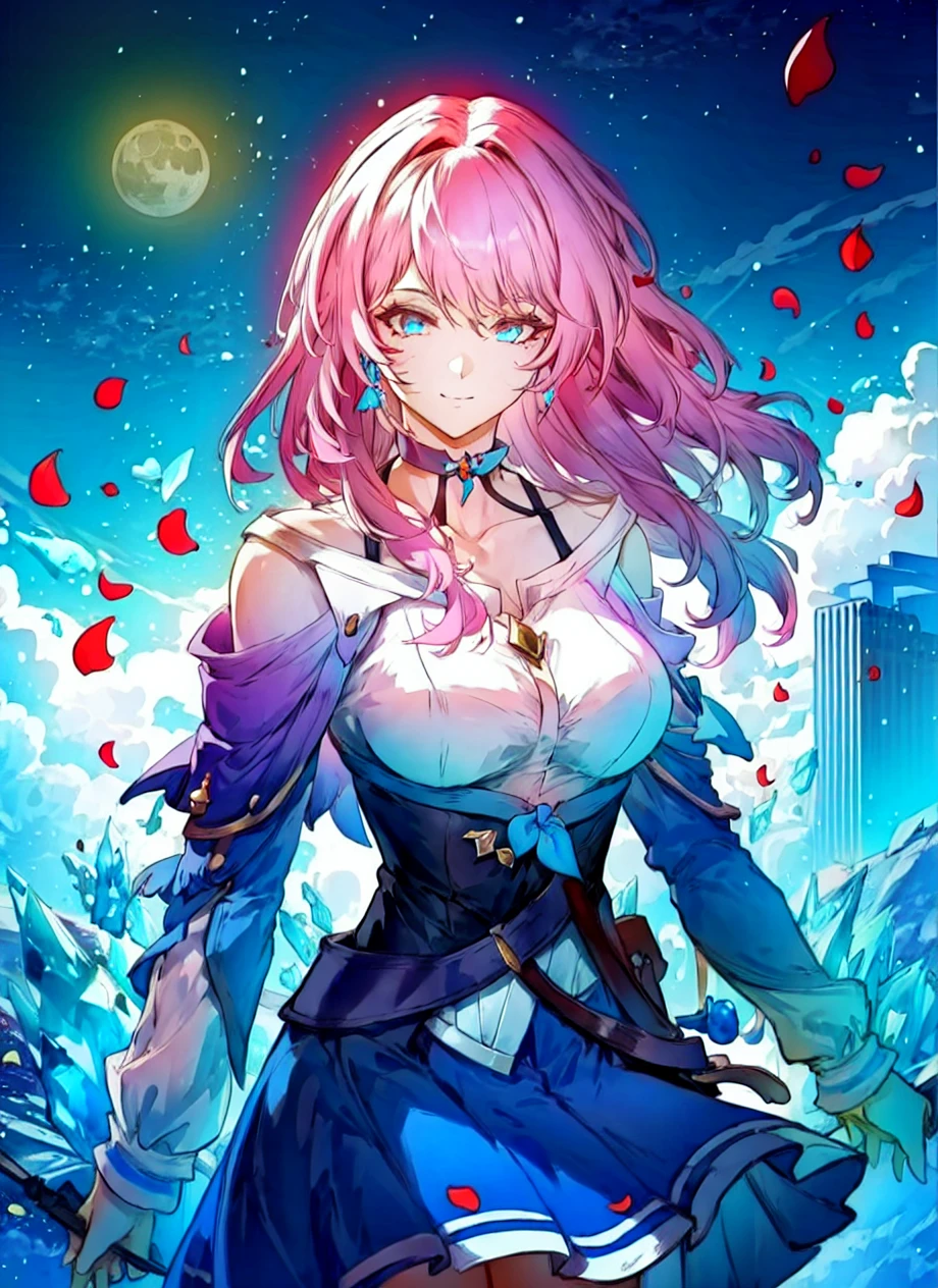 march 7th \(honkai: star rail\), 1girl, blue eyes, blue skirt, breasts, detached sleeves, earrings, ice, jewelry, long sleeves, medium breasts, medium hair, pink hair, shirt, skirt, solo, star \(symbol\), star earrings, white shirt <lora:march_7th__honkai _star_rail__offset:0.9>
masterpiece, best quality, 1girl, (colorful),(finely detailed beautiful eyes and detailed face),cinematic lighting,bust shot,extremely detailed CG unity 8k wallpaper,white hair,solo,smile,intricate skirt,((flying petal)),(Flowery meadow) sky, cloudy_sky, building, moonlight, moon, night, (dark theme:1.3), light, fantasy,