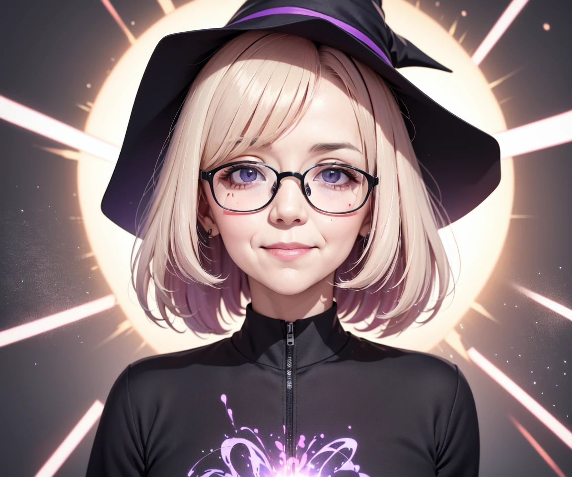 blurry, depth_of_field, red_sky, (nerunerunerune:1.2), smile, 60 years old woman, (An old woman with nasolabial folds on her face:1.4), in a witches hat and black dress, a hologram, magical realism, upper body, (one big illuminates exploding light neon behind her:1.2), Stir purple cream sprinkle candy, Glasses, modern_girl_hair, (shrug:1.3)