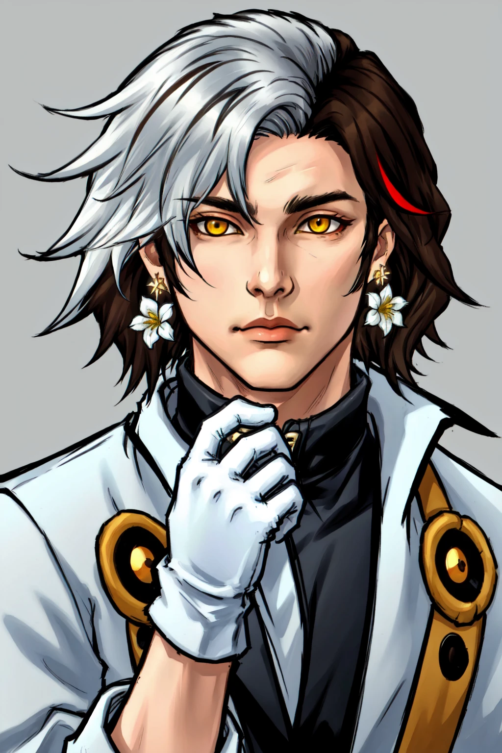 masterpiece, best quality, highres, 1boy, male focus, multicolored hair, yellow eyes, flower, solo, gloves, white gloves, two-tone hair, white hair, earrings, short hair, holding flower, fur trim, jewelry, third eye, holding, black hair, portrait, fur-trimmed coat, simple background, streaked hair, closed mouth, coat, looking at viewer, hand up, white background, upper body, brown hair, white flower, grey background, bangs, long sleeves, grey hair, expressionless, parted bangs, single earring, shaded face