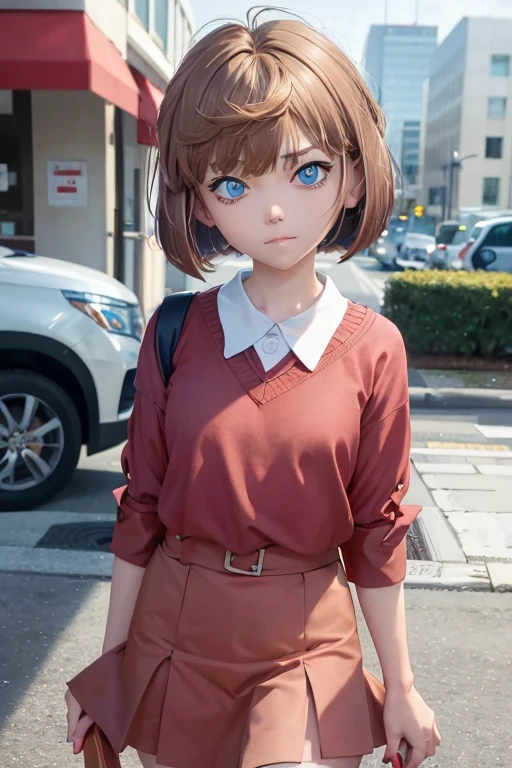 1girl, haibara_ai, short hair, brown hair, bangs, hair between eyes, blue eyes, shirt, short skirt, frown, city <lora:haibara:0.75>