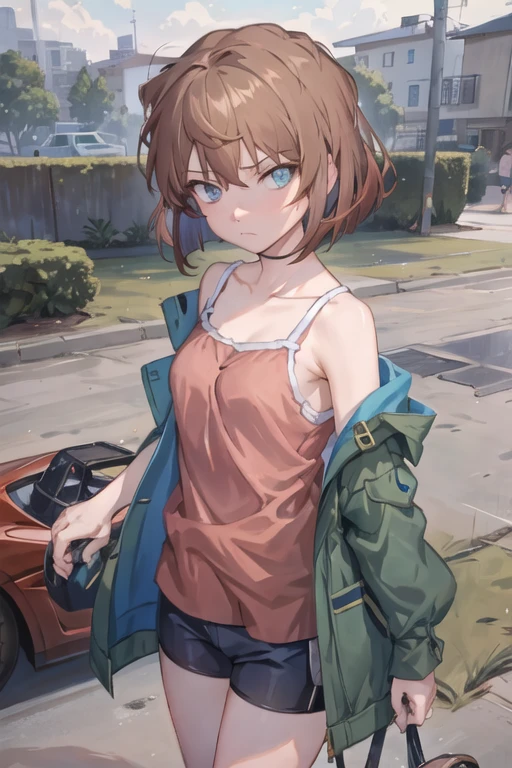 1girl, haibara_ai, short hair, brown hair, bangs, hair between eyes, blue eyes, camisole, bike shorts, frown, city <lora:haibara:0.75>