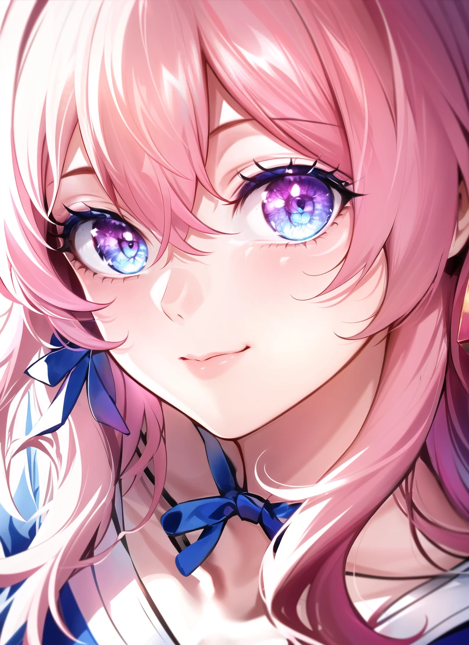 <lora:march_7th__honkai _star_rail__offset:1> 
march 7th \(honkai: star rail\), 1girl, blue eyes, blue ribbon, close-up, closed mouth, crossed bangs, crystal eye, eye focus, eyelashes, hair between eyes, hair ribbon, looking at viewer, multicolored eyes, pink eyes, pink hair, ribbon, short hair, smile, solo, ((masterpiece))