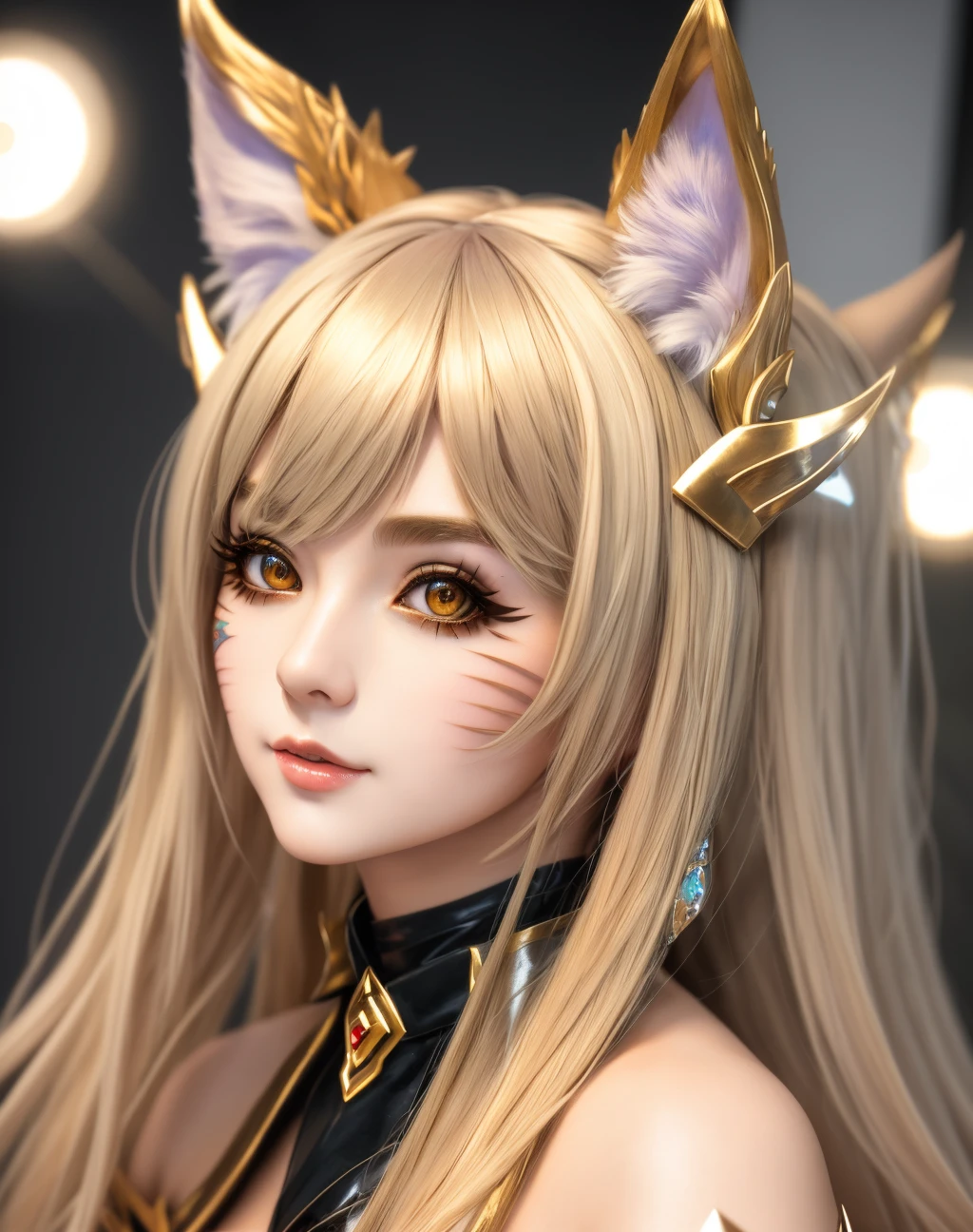 Masterpiece, absurdres, fine detail, HDR, highly detailed face and eyes, photorealistic, Apop, a woman dressed in a costume, wearing Apop, Apop_tails, animal ears, Apop_face tattoos <lora:Apop:0.7>