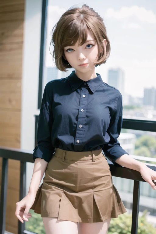 1girl, haibara_ai, short hair, brown hair, bangs, hair between eyes, blue eyes, shirt, short skirt, smile, balcony, (ulzzang-6500:1.0) <lora:haibara:0.75>