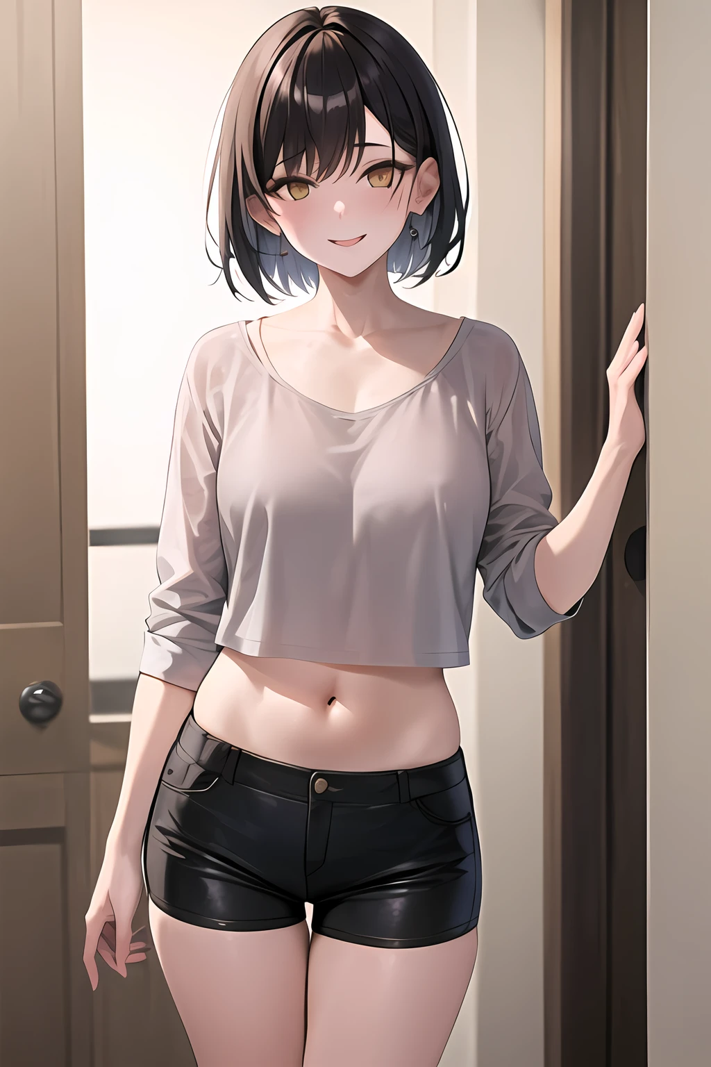 <lora:matWomen_v2:1>, woman, sfw, short pants, 1girl, closed_mouth, collarbone, cowboy_shot, eyebrows_visible_through_hair, grey_hair, looking_at_viewer, navel, short_hair, smile, solo, yellow_eyes