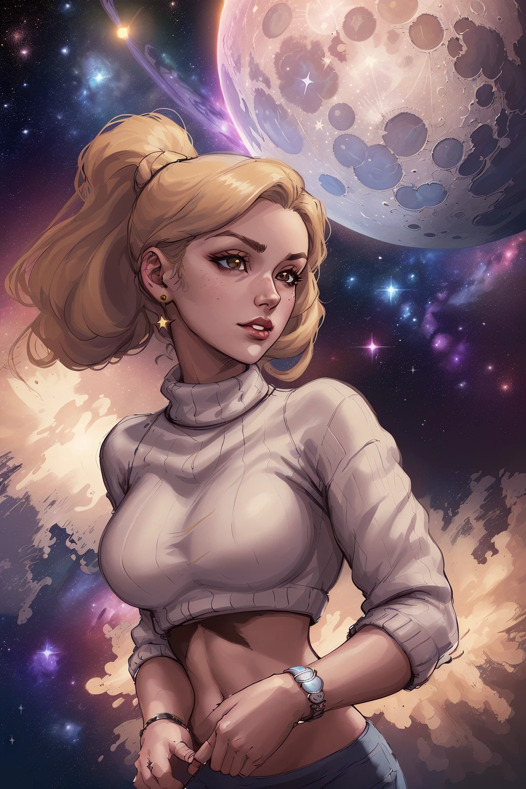 cropped-fC, midriff, sweater, 1girl, detailed face, galaxy, stars, space, moondust, moon, craters, illustrated, sf6-fC, <lora:cropped-fC_v1.0:0.5>, <lora:sf6-fC_v1.0:0.3>