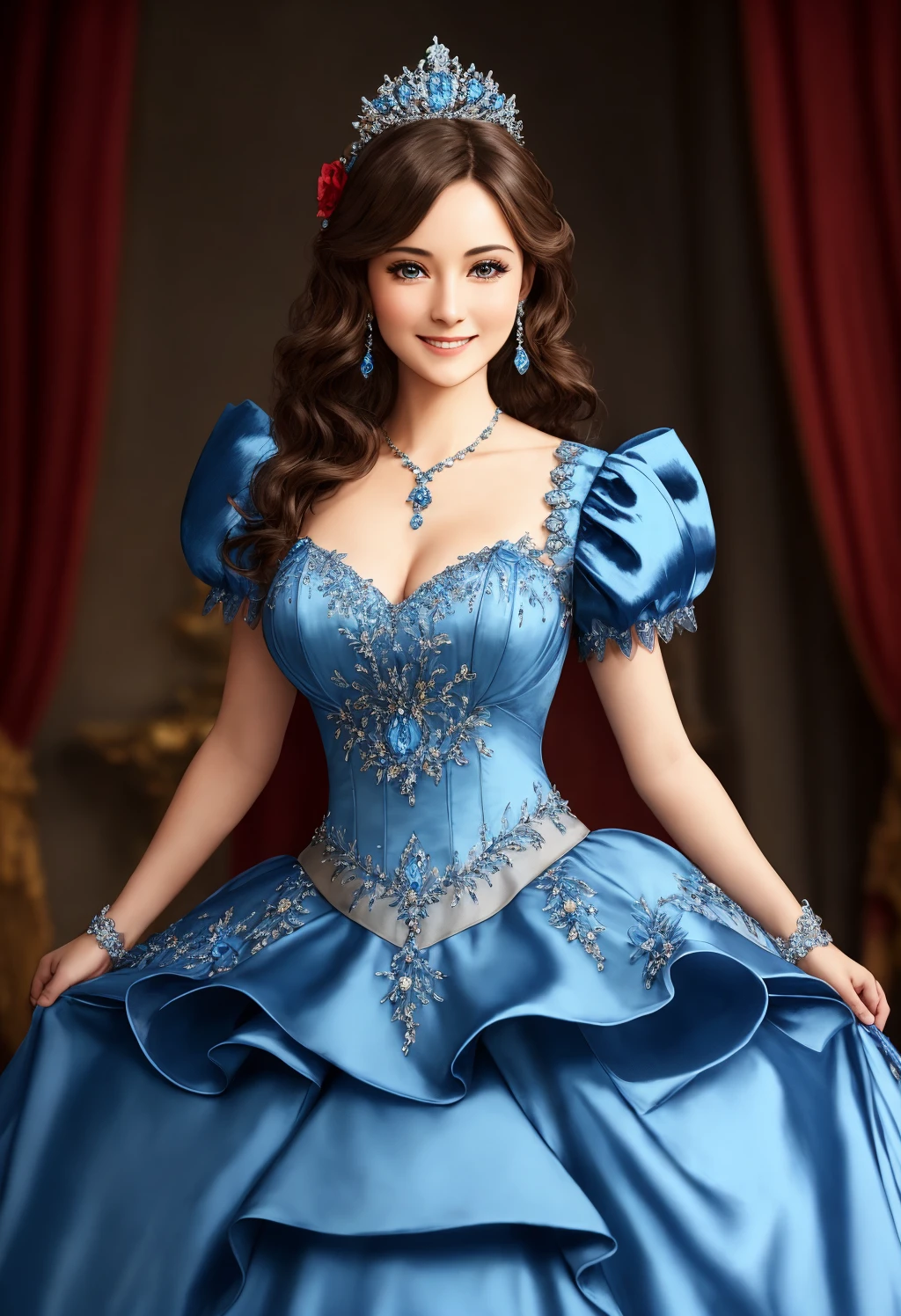 Masterpiece, absurdres, fine detail, HDR, highly detailed face and eyes, photorealistic, smiling, excited, ballgown, a woman in a blue dress posing for a picture , wearing a ballgown,  <lora:ballgown:0.7>