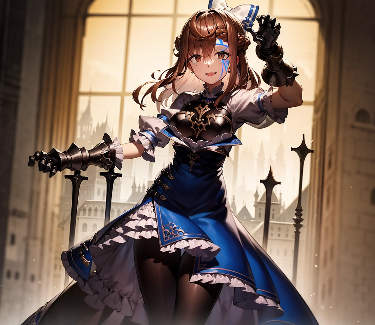 (best quality, masterpiece, highres:1.4), an illustration of a girl standing, her arms are outstretched, full body, facial mark, facial tattoo, she has a facial mark of glowing blue lines in a jagged grid-like pattern, magic lines on face and body,
1girl, brown hair, brown eyes, (gauntlets), pantyhose, solo focus, armor, blue dress, looking at viewer, dress, bow, frills, hair bow, hair between eyes, puffy sleeves, short sleeves, black pantyhose, breasts, long hair, , white bow, braid, bangs, armored dress, frilled dress, puffy short sleeves, medium breasts, breastplate, medium hair, brown pantyhose, belt, brooch, ribbon, jewelry, frilled sleeves, hair ornament, skirt, shoulder armor, white shirt, pelvic curtain, shirt, gem, blue bow, short hair, hair ribbon, (tareme), petticoat, french braid, juliet sleeves,
<lora:MaishaLocon:1>, castle town in background, (detailed eyes, rendered eyes, piercing eyes, vibrant eyes), ((brown eyes)), glowing eyes, nose, gloves, smile, sinister, evil, villain, arm up, hand up,