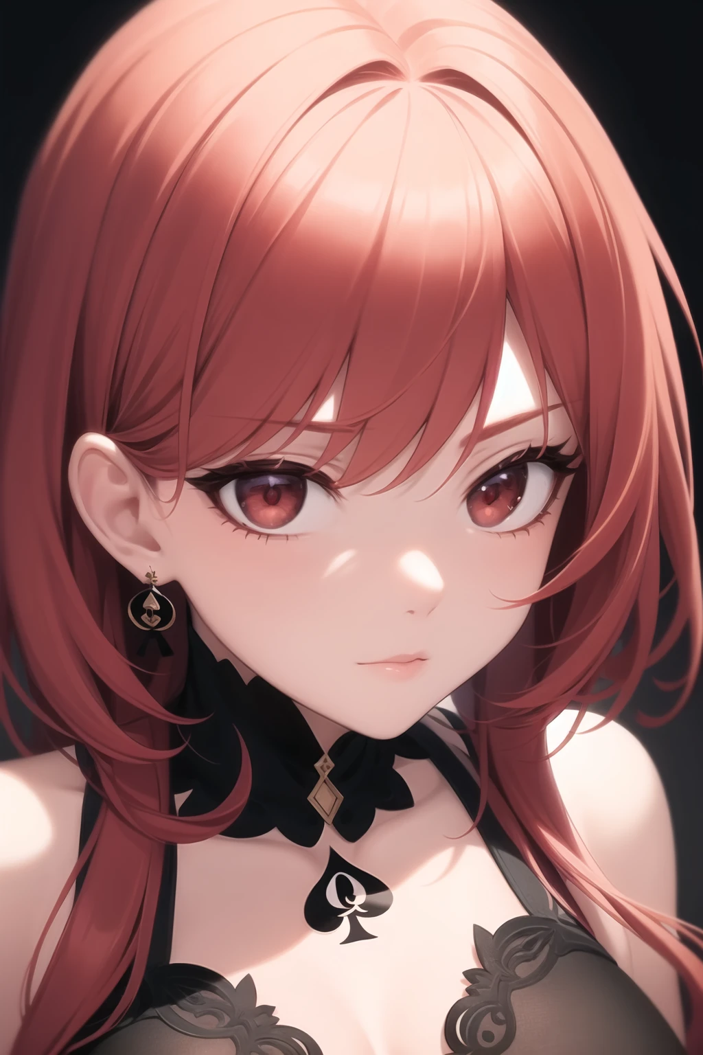 <lora:qos_tattoo_v0.5:0.85>
1girl, red hair, red eyes, queen of spades earrings, close-up, masterpiece, best quality, highly detailed