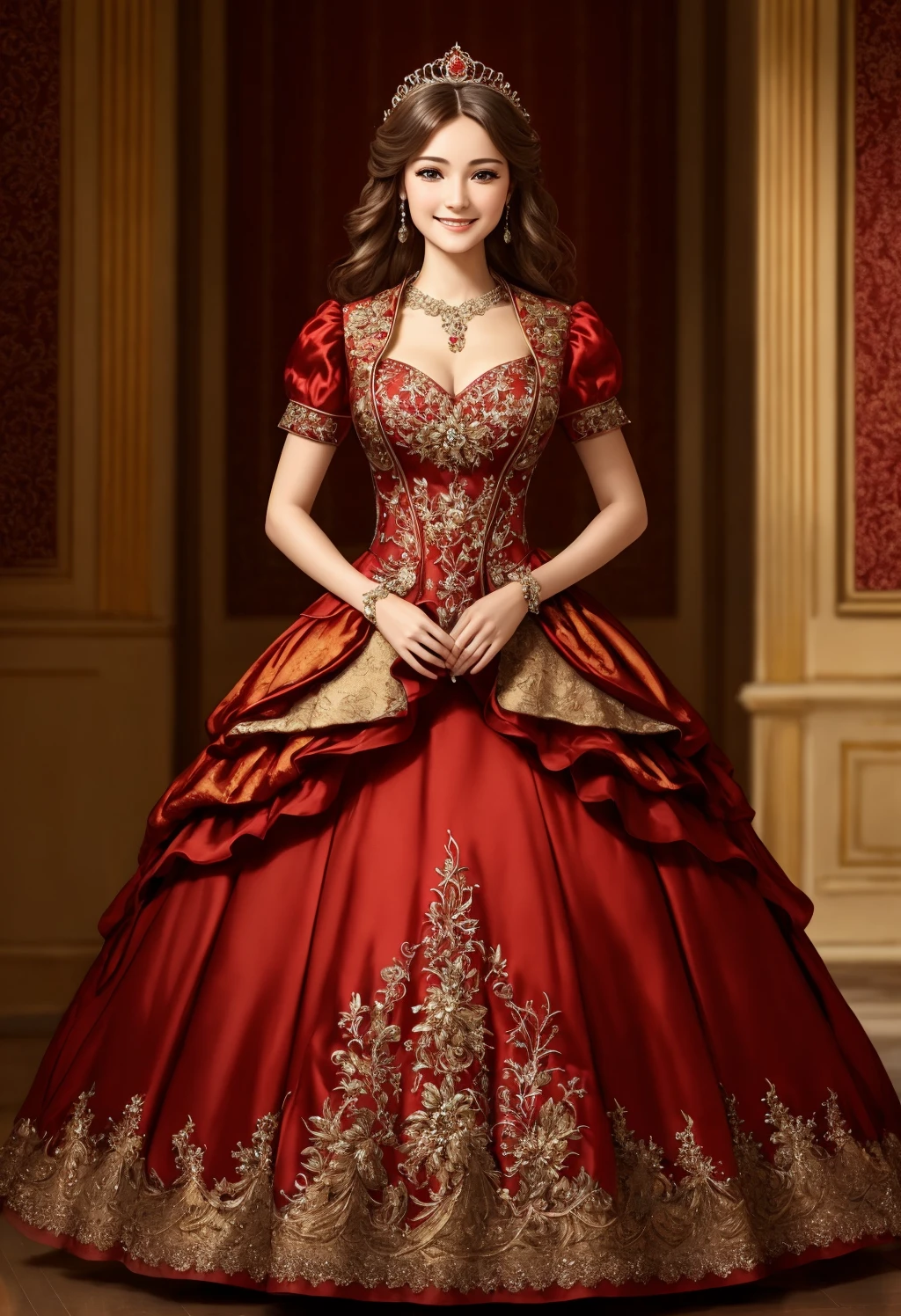 Masterpiece, absurdres, fine detail, HDR, highly detailed face and eyes, photorealistic, smiling, excited, ballgown, a woman in a red dress posing for a picture , wearing a ballgown, superb golden embroidery,<lora:ballgown:0.7>