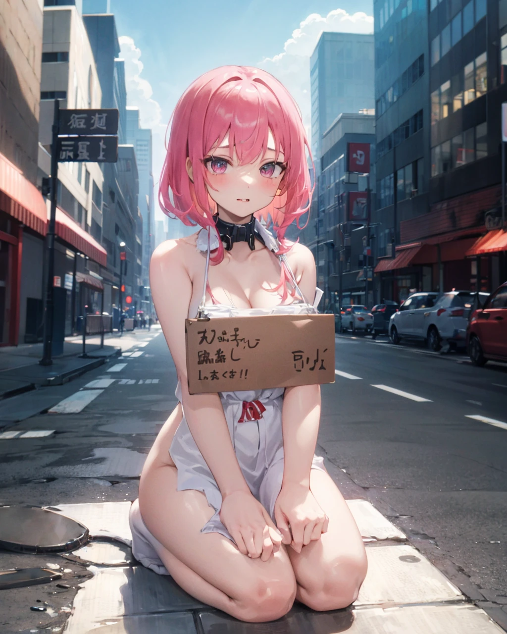 1girl,solo,sign around neck, seiza, <lora:PetShamingV1:1>,nude,outdoors,cityscape,