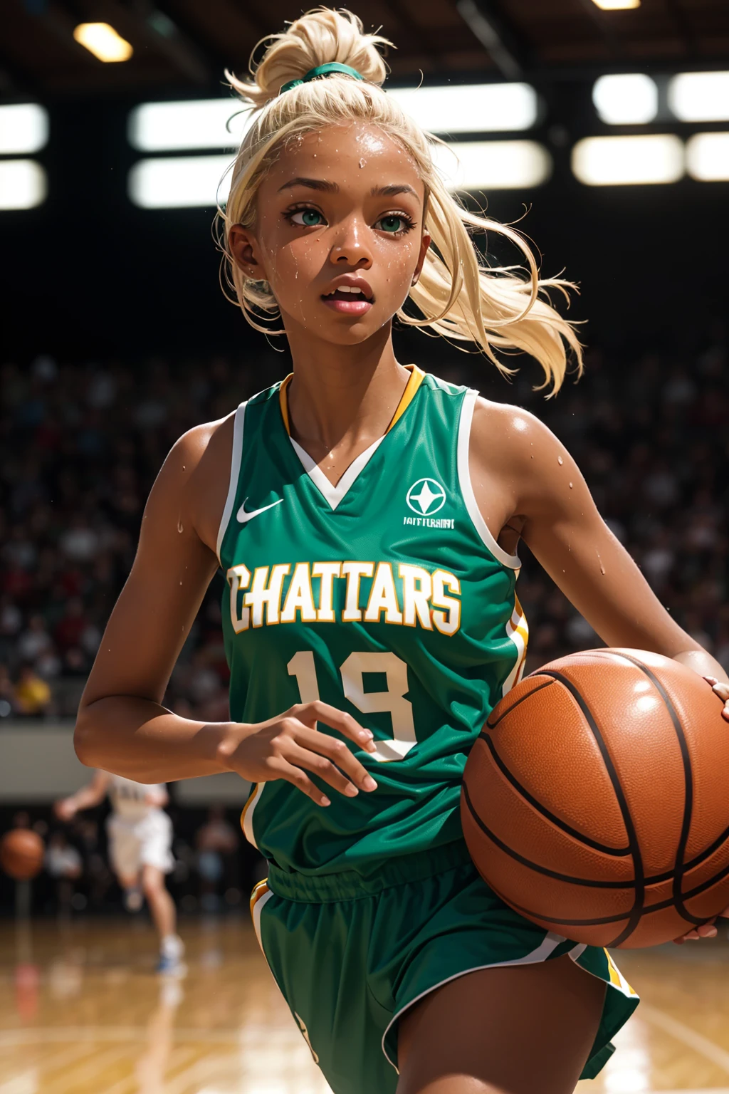 fantastic realism, bokeh,  ultra detailed, 1girl, blond with (dark skin), green eyes, running, playing basketball, sweat, shiny skin,