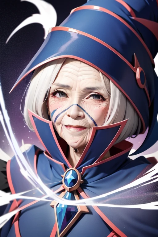 masterpiece,(high quality, best quality:1.2),smile, (realistic_nose:-1), (Dark Magician Girl:1.1) , 80 years old woman, (An old woman with nasolabial folds on her face:1.5)