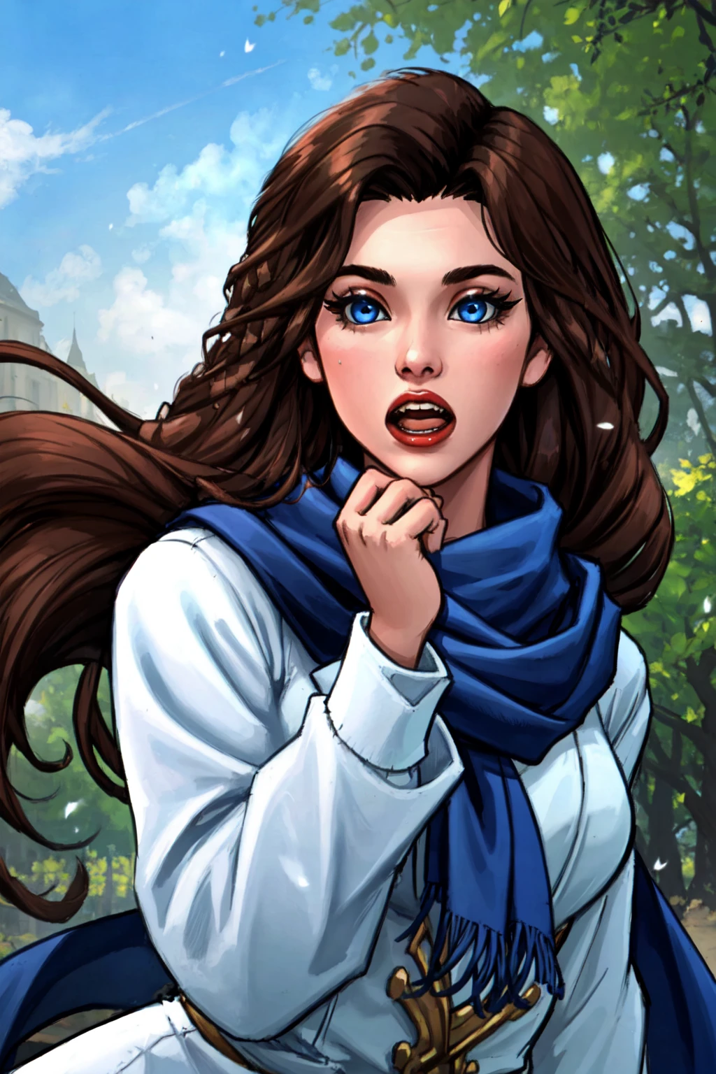 masterpiece, intricate detail,best quality,1girl, solo, long hair, open mouth, scarf, blue eyes, brown hair, upper body, teeth, long sleeves, breath, eyelashes, white scarf, outdoors, floating hair