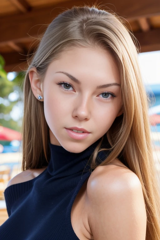 Strong light, Strong contrast, In an open-roofed cave、Sunlight shines through green moss and ferns。, And open( Ocean View:1.1) end, Cel-shaded rendering, 8K, 360 degrees, Equirectangular projection, what, One Girl, 30-year-old woman、Beautiful woman、Long blonde hair、White Latex Leotard、White long boots、White arm covers、masterpiece, 最high quality, high quality, High resolution, (((Face close-up)))、Large Breasts、Cleavage、smile