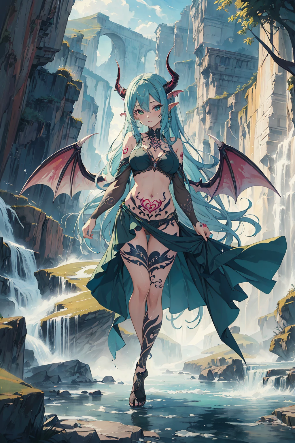 best_quality, highres, extremely_detailed,
1girl, beautiful_face, navel, light_aqua_hair, very_long_hair, full_body, 
<lora:VillageSuccubus_v4:0.36>, obscenity_tattoo, windmage, aqua_tattoo, green_tattoo, waist_tattoo, neck_tattoo, 
village_succubus, wings, horns, tail,
BREAK
official_art, watercolor_\(medium\), fantasy, 
flying, waterfal, canyon, valley, magical_girl,