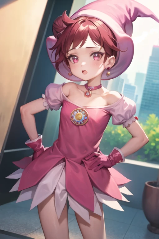 1girl, hrkzdrm_mgc, hair bun, short hair, red hair, pink eyes, witch hat, jewelry, earrings, pink dress, skirt, puffy sleeves, pink gloves, city, standing <lora:harukaze-doremi-magical:0.8>