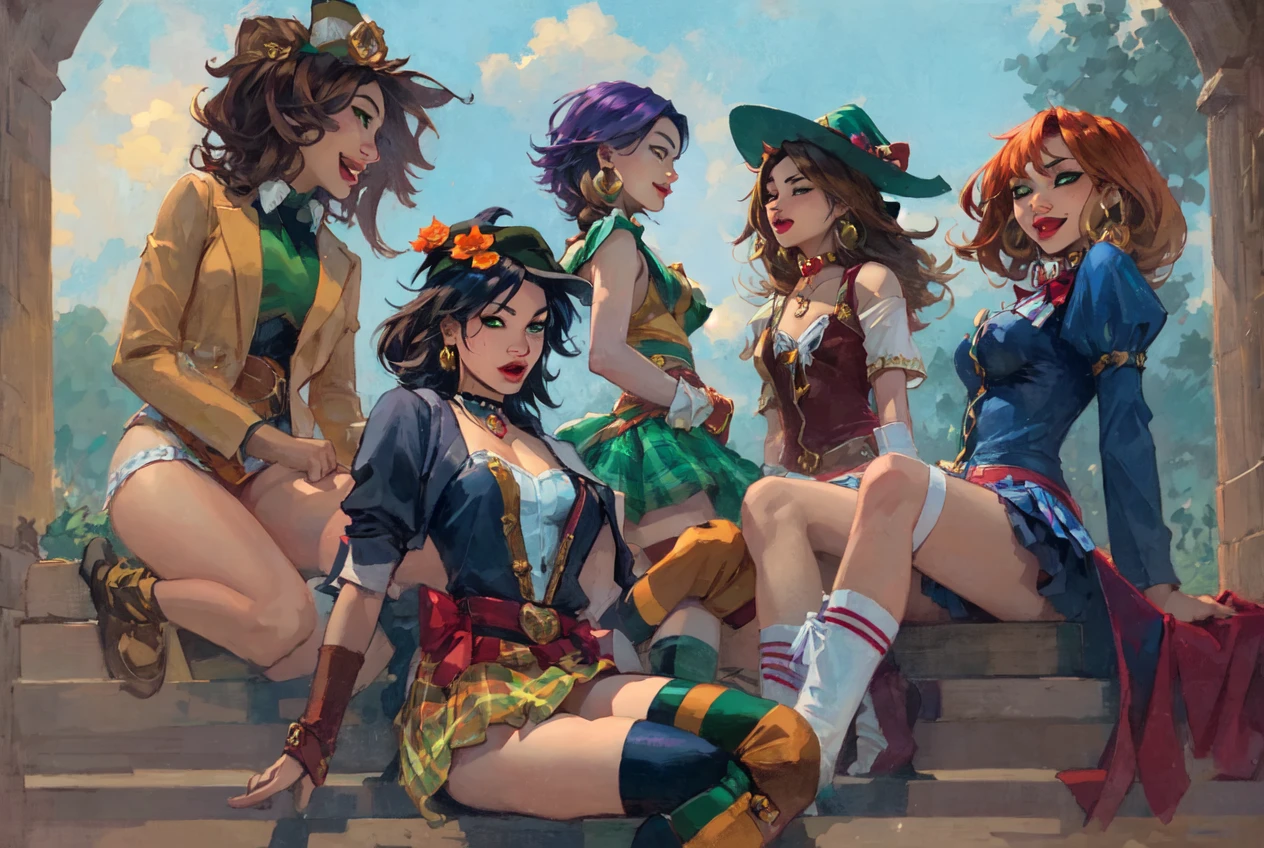 JoeMad, masterpiece, best quality, multiple girls, hat, 6+girls, smile, blonde hair, red hair, blue hair, one eye closed, black hair, purple eyes, open mouth, long hair, mole, bangs, yellow eyes, grin, skirt, :d, blue eyes, witch hat, striped, orange hair, brown hair, mole under mouth, looking at viewer, bow, dress, purple hair, frills, hair ornament, flower, choker, gloves, socks, short hair, plaid, jewelry, hair rings, brown eyes, green eyes, thighhighs, grey hair, bowtie, boots, blunt bangs, kneehighs, holding, earrings<lora:JoeMad-10:1>