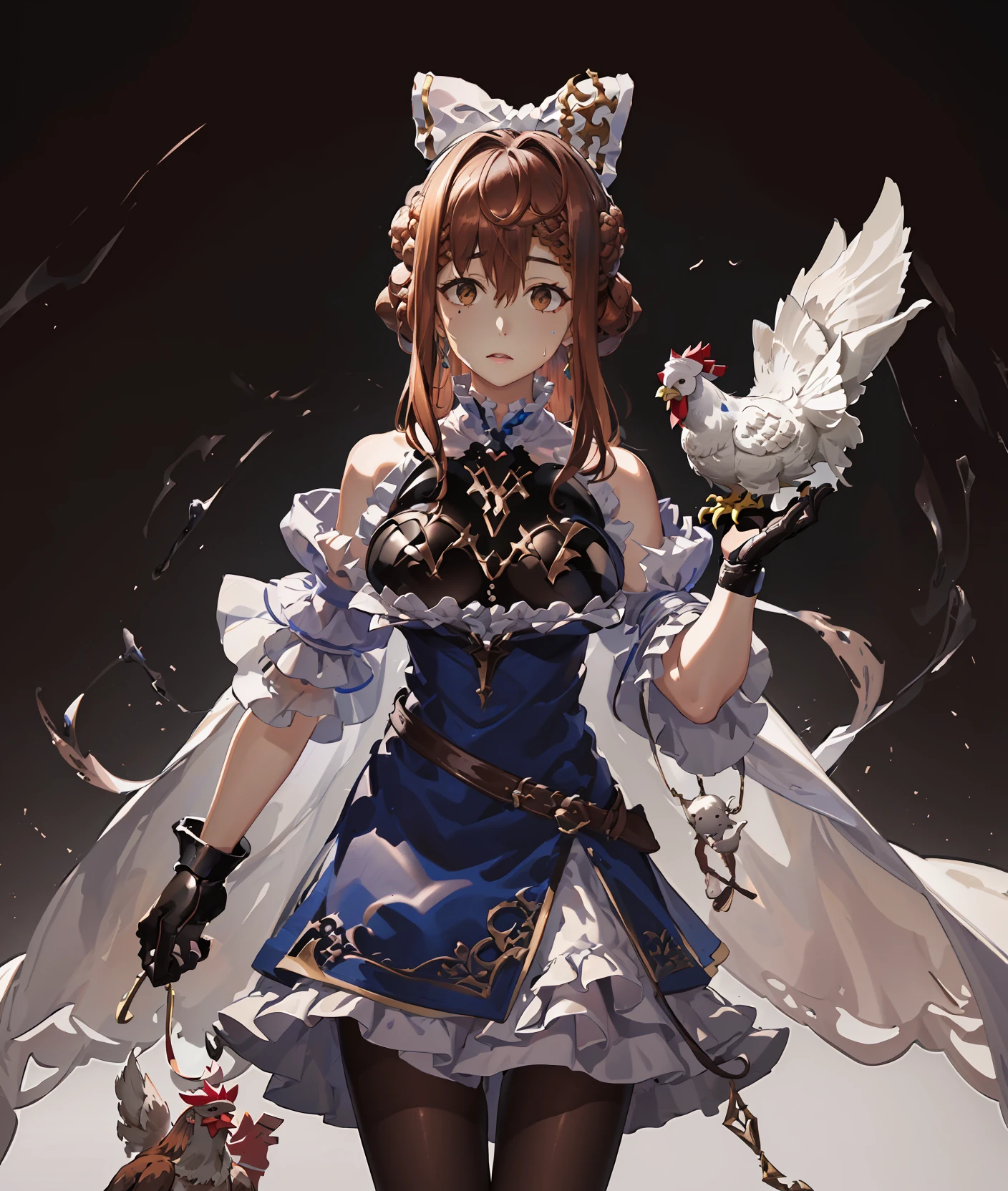 (nsfw), (best quality, masterpiece, highres:1.4), absurdres, (an illustration of a confused girl ((holding a chicken rooster)) and looking confused, standing, holding a large rooster, rooster, chicken,) facial mark, facial tattoo, she has a facial mark of glowing blue lines in a jagged grid-like pattern, magic lines on face and body, ( she has beautiful piercing eyes, clear eyes, rendered eyes:1.4) , realistic face, beautiful face, perfect face, detailed face, ultra-detailed, nose, volumetric lighting, 4k, cygames, official art, (cowboy shot), realistic, (uncensored), ((confused, puzzled, ?, ??, sweatdrop:1.3)),
1girl, brown hair, ((brown eyes:1.2)), gauntlets, pantyhose, armor, blue dress, looking at viewer, dress, bow, frills, hair bow, hair between eyes, puffy sleeves, short sleeves, black pantyhose, long hair, , white bow, braid, bangs, armored dress, frilled dress, puffy short sleeves, medium breasts, breastplate, medium hair, brown pantyhose, belt, brooch, ribbon, jewelry, frilled sleeves, hair ornament, skirt, shoulder armor, white shirt, shirt, gem, blue bow, hair ribbon, (tareme:1.2), petticoat, french braid, juliet sleeves, <lora:MaishaLocon:1.0>