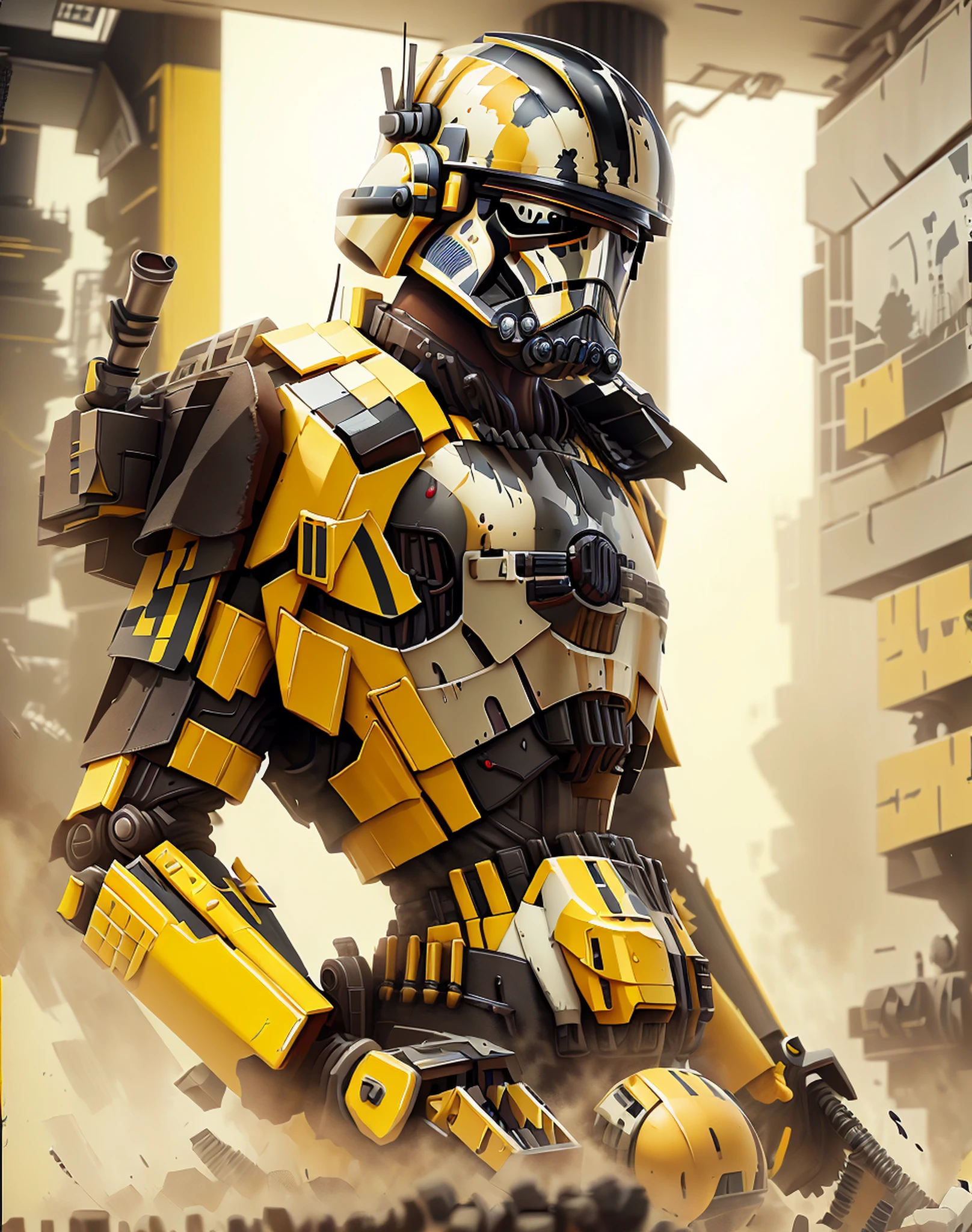 <lora:ConstructionyardAIV3:1.2>, robot stormtrooper, yellow armor, (Extremely Detailed Oil Painting:1.2), glow effects, godrays, Hand drawn, render, 8k, octane render, cinema 4d, blender, dark, atmospheric 4k ultra detailed, cinematic, Sharp focus, humorous illustration, big depth of field, Masterpiece, colors, 3d octane render, 4k, concept art, trending on artstation, hyperrealistic, Vivid colors, extremely detailed CG unity 8k wallpaper, trending on ArtStation, trending on CGSociety, Intricate, High Detail, dramatic