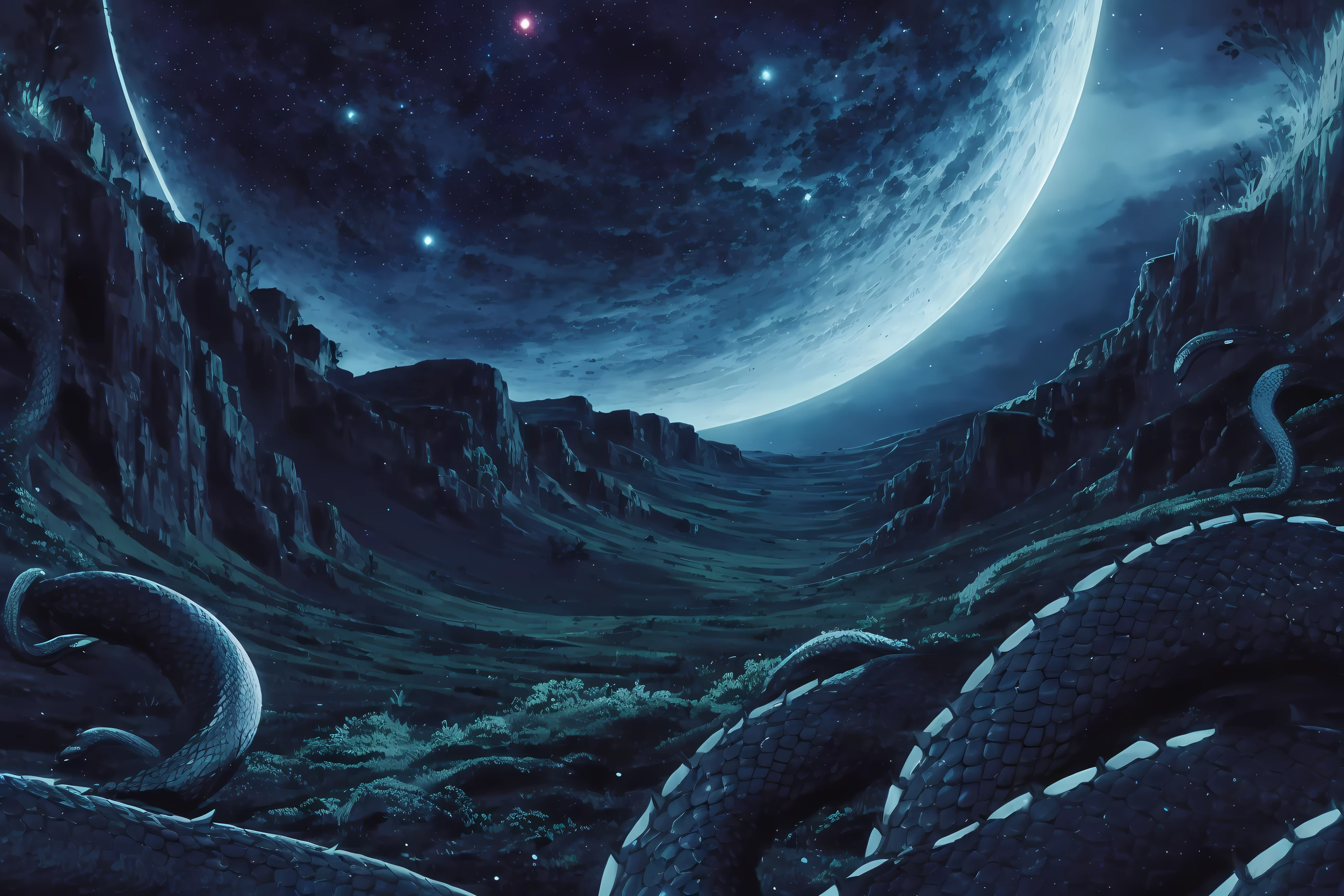 (Masterpiece, Best Quality:1.3), absurdres,(Ultra-detailed portrait), 2d, Traditional Media, NinjaScroll, (best illustration), official art, centered, wide shot, (full view:1.2), extremely detailed monster, (shiny:1.2), scales, multiple small snakes, snake eyes, (looking at viewer), detailed eyes, tentacles, perfect, uniformed, moody lighting, close up:0.2, (full angle view), blood:0.3, shadows, dynamic, cinematic, sharp focus, (Details:1.2), (depth of field), thick arms:0.5, scenery, horror:0.2, nature, (night sky, night, dark:1.3), electricity, (highly detailed), film grain:0.6, (shiny), intricate design, 85mm, ((volumetric lighting)), high contrast:0.3, glowing:0.7, (dramaticL1.2), particles, anime screen:1.1, 90's anime style, theme, tree, extremely detailed background, fantasy landscape, (sharp focus), (thick lineart), no humans, <lora:NinjaScroll-10:0.8>, <lora:epiNoiseoffset_v2:0.5>