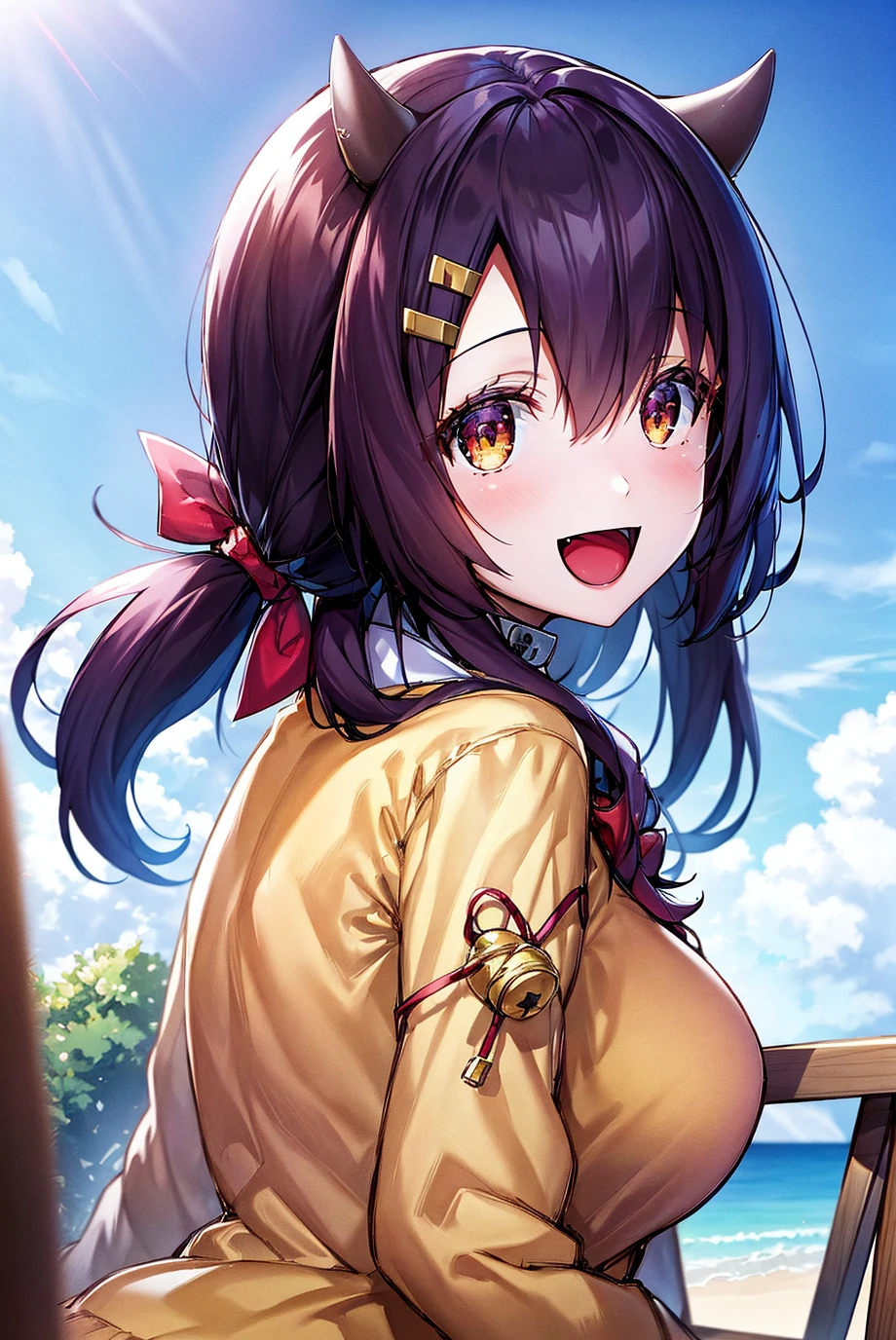 <lora:nagara_v1.0:0.8>,nagara\(azur lane\),\(origen\),school_uniform,1girl,solo,outdoors, looking at viewer,:d,  from side,, masterpiece, best quality, extremely detailed face, sharp details, high contrast,