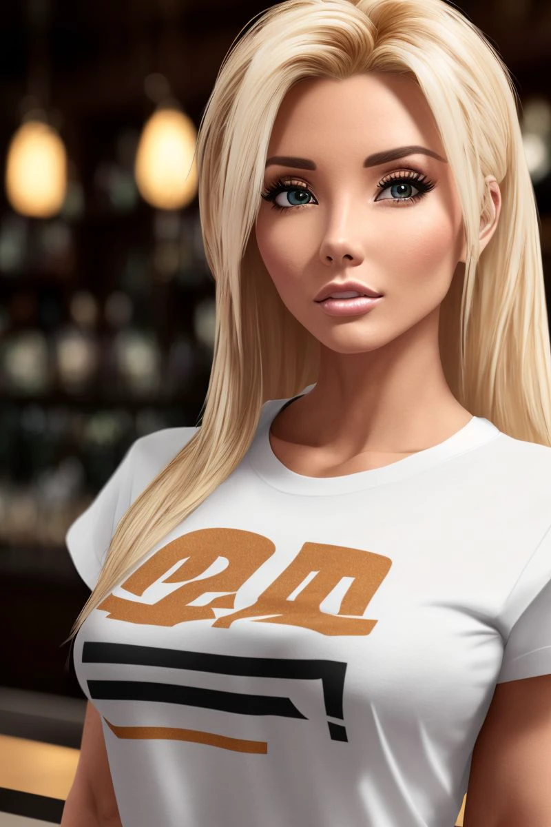 a photo of a gorgeous S030_EkaterinaShiryaeva, in a (bar:1.2), wearing a (t-shirt:1.3) with a (logo:1.2), (detailed background:1.3), (8k, RAW photo, best quality, ultra high res, photorealistic, masterpiece, ultra-detailed, Unreal Engine)